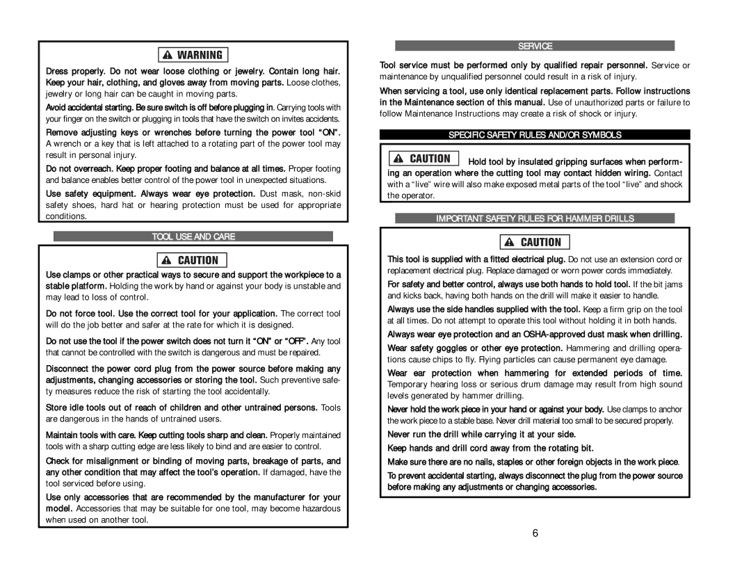 Kawasaki 840271 Tool USE and Care, Service, Specific Safety Rules AND/OR Symbols, Important Safety Rules for Hammer Drills 