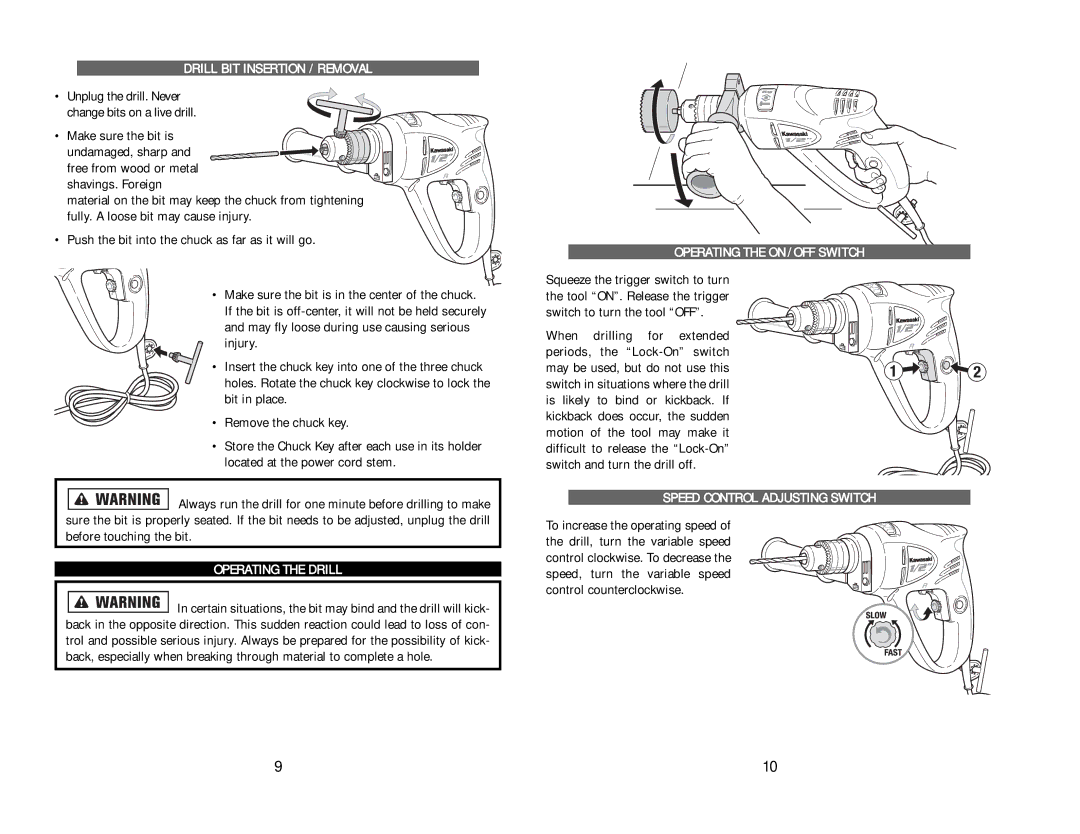 Kawasaki 840271 instruction manual Drill BIT Insertion / Removal, Operating the Drill, Operating the on / OFF Switch 