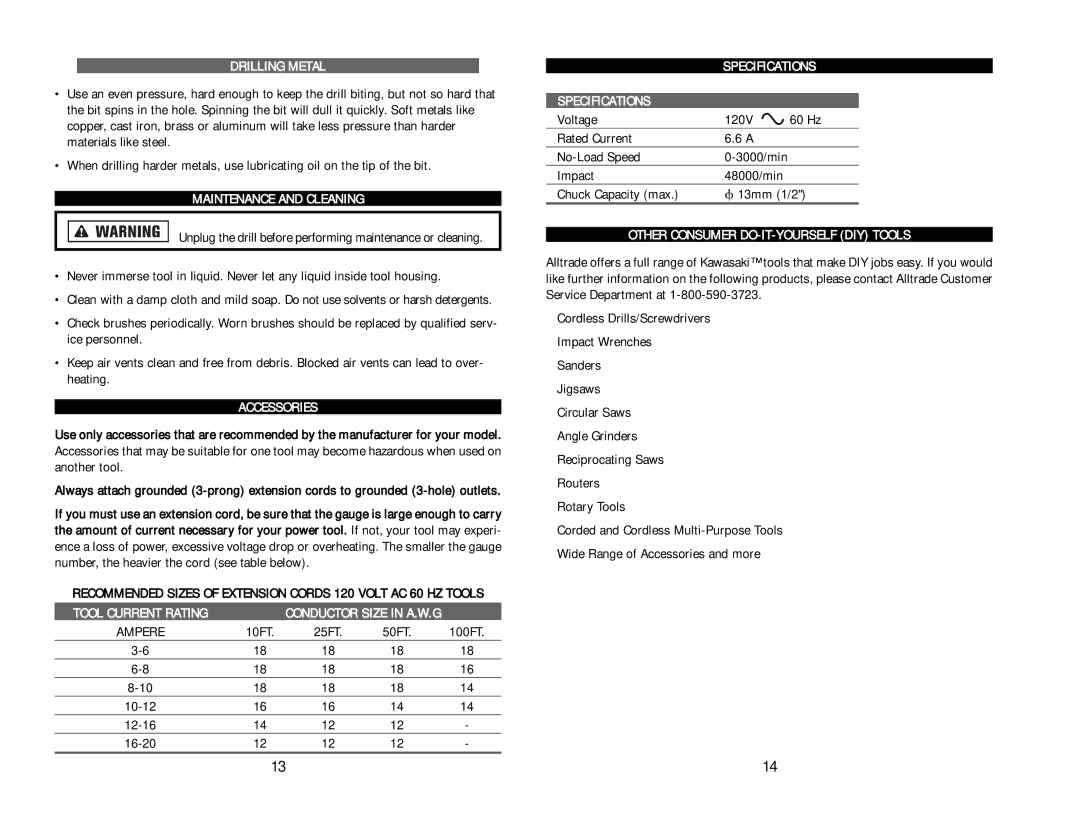 Kawasaki 840271 Drilling Metal, Maintenance and Cleaning, Accessories, Tool Current Rating, Specifications 