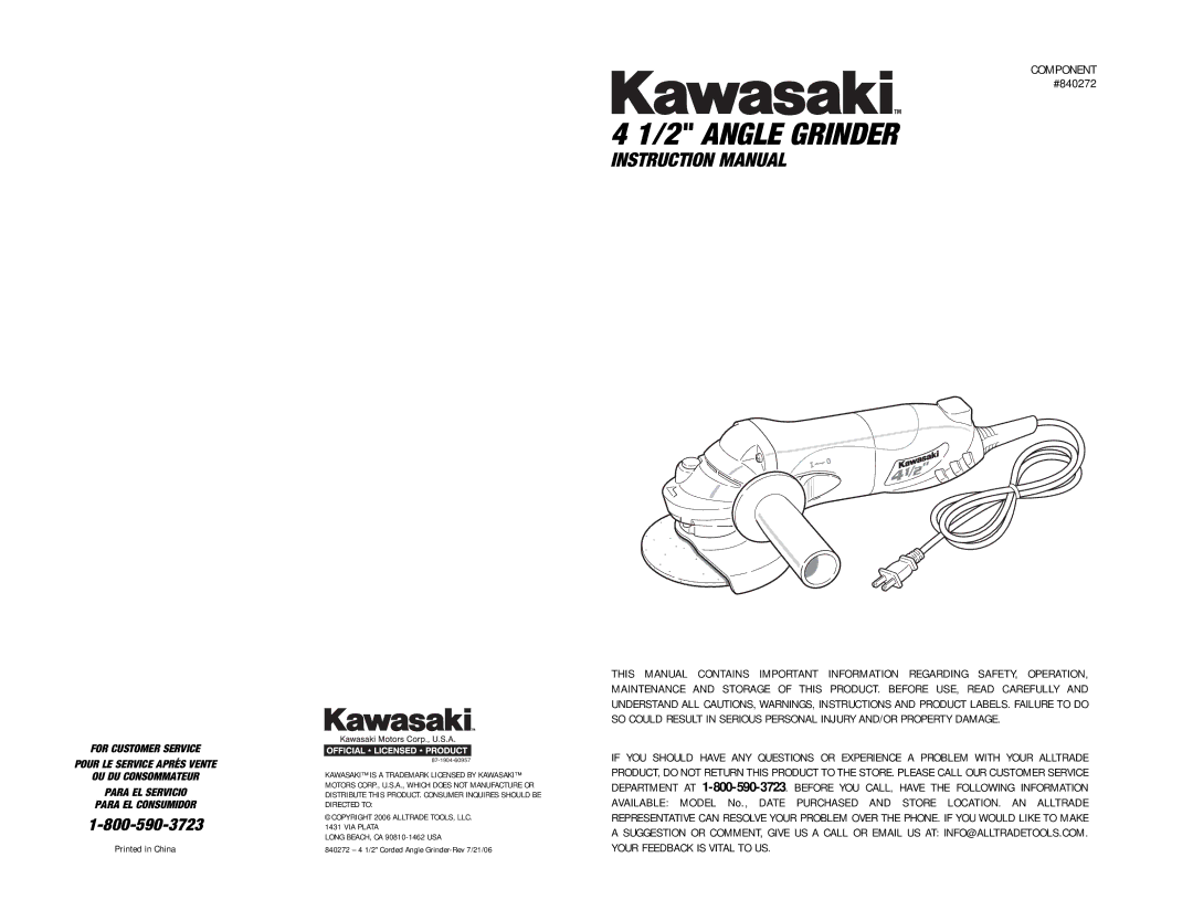 Kawasaki 840272 instruction manual Angle Grinder 