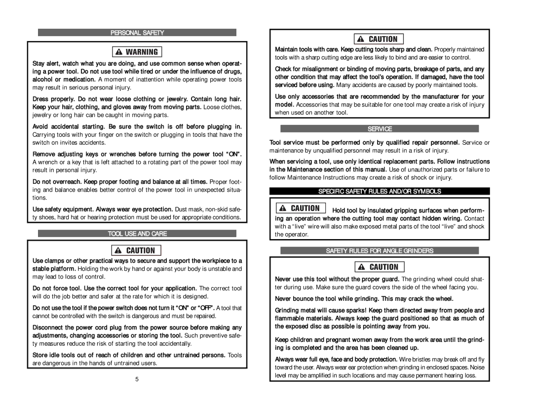 Kawasaki 840272 instruction manual Personal Safety, Tool USE and Care, Service, Specific Safety Rules AND/OR Symbols 