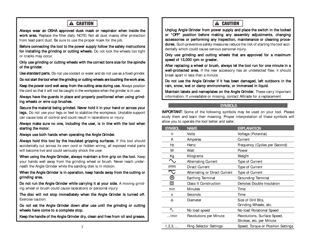 Kawasaki 840272 instruction manual Symbols, Symbol Name Explanation, Ring Selector Settings 