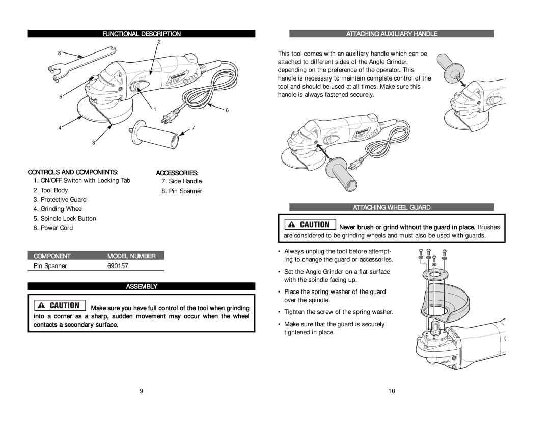 Kawasaki 840272 instruction manual Functional Description, Component Model Number, Assembly, Attaching Auxiliary Handle 