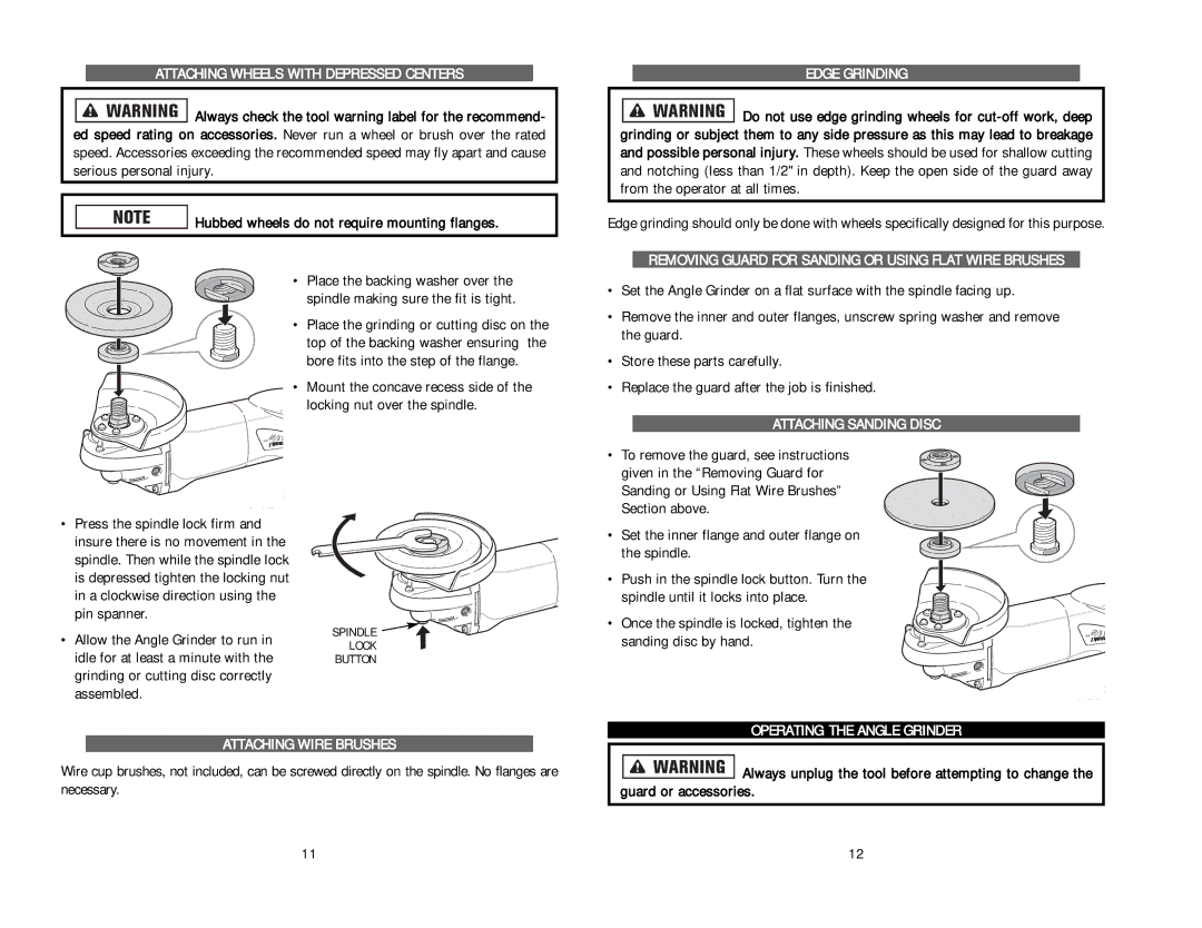 Kawasaki 840272 Attaching Wheels with Depressed Centers, Attaching Wire Brushes, Edge Grinding, Attaching Sanding Disc 