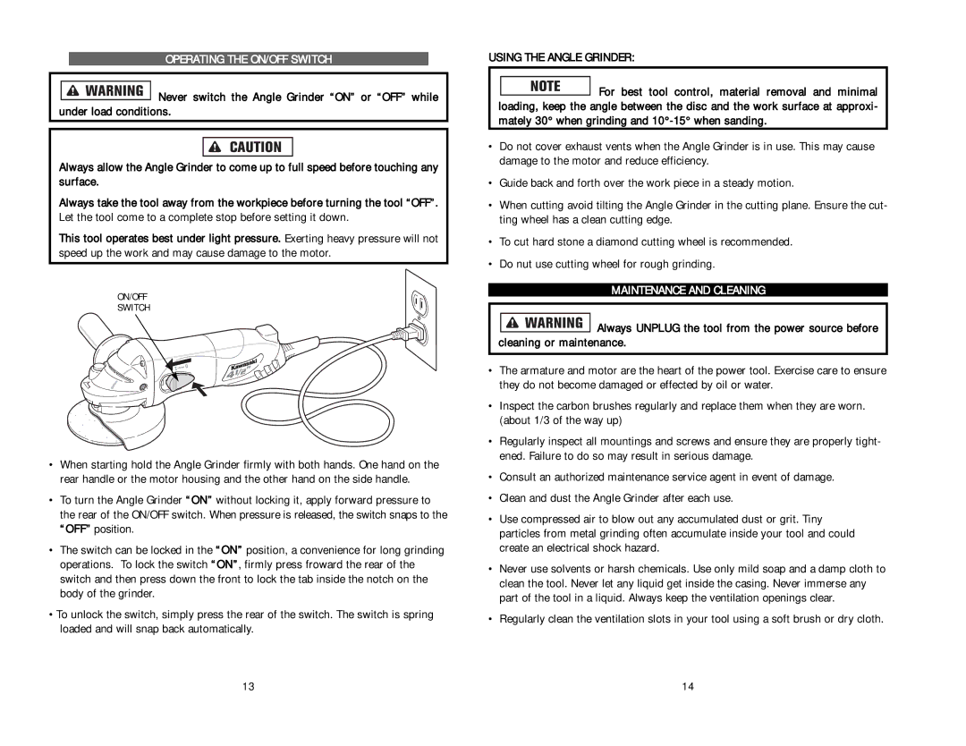 Kawasaki 840272 instruction manual Operating the ON/OFF Switch, Using the Angle Grinder, Maintenance and Cleaning 