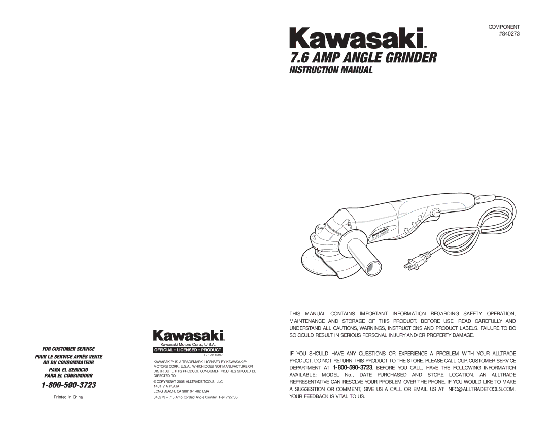 Kawasaki 840273 instruction manual AMP Angle Grinder 