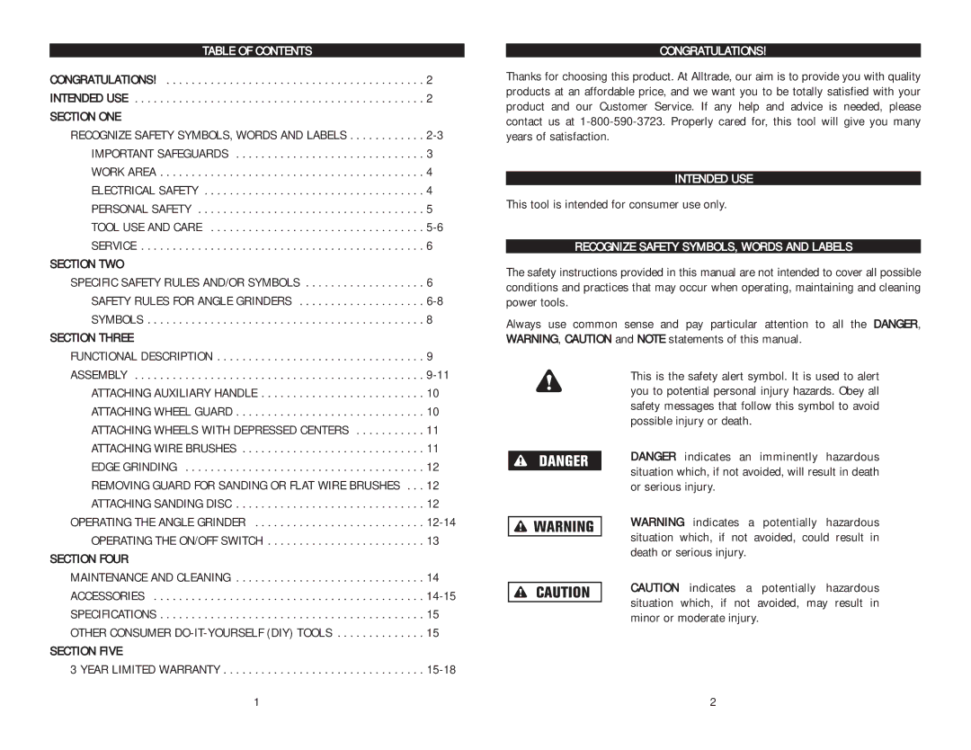 Kawasaki 840273 Table of Contents, Congratulations, Intended USE, Recognize Safety SYMBOLS, Words and Labels 