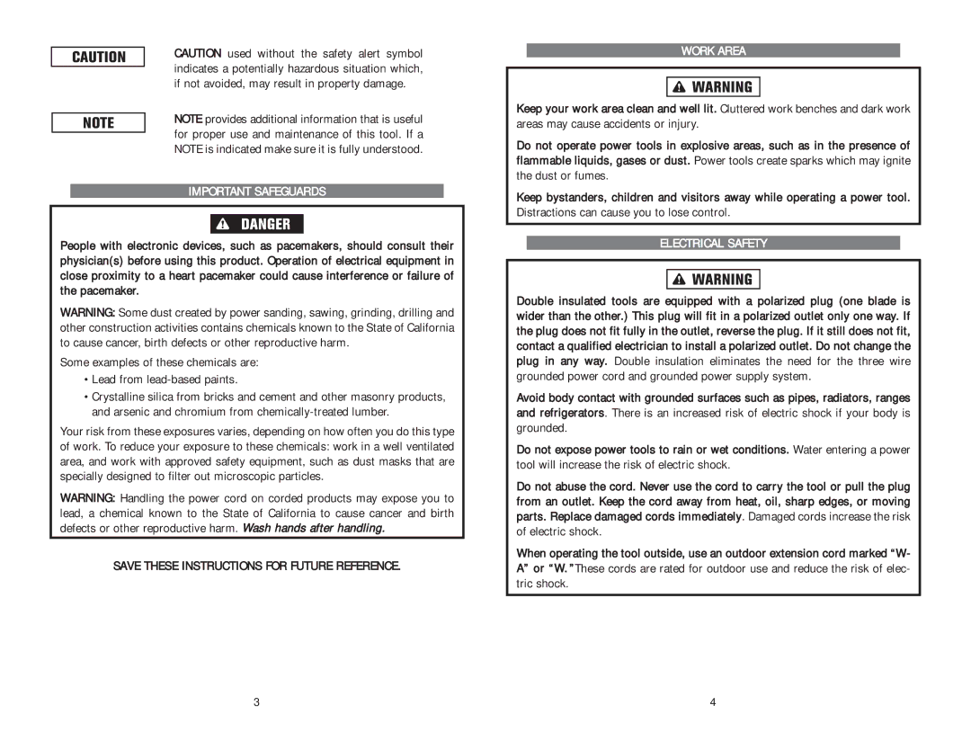 Kawasaki 840273 Important Safeguards, Save These Instructions for Future Reference, Work Area, Electrical Safety 