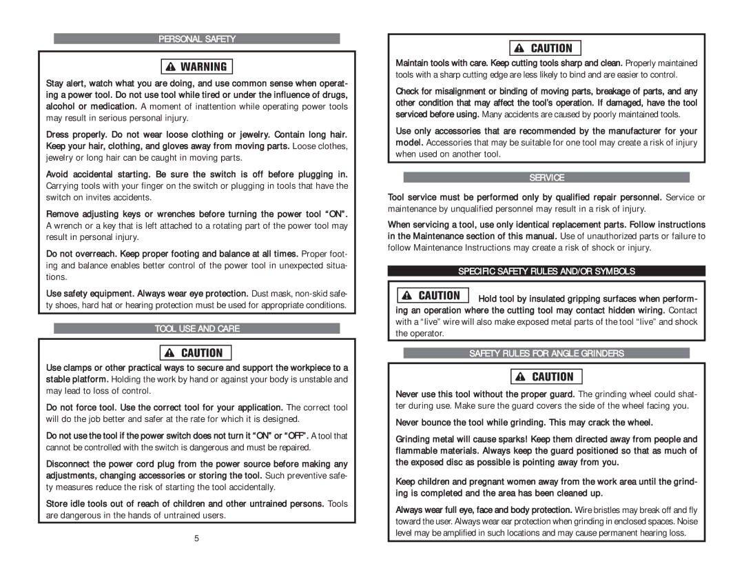 Kawasaki 840273 instruction manual Personal Safety, Tool USE and Care, Service, Specific Safety Rules AND/OR Symbols 