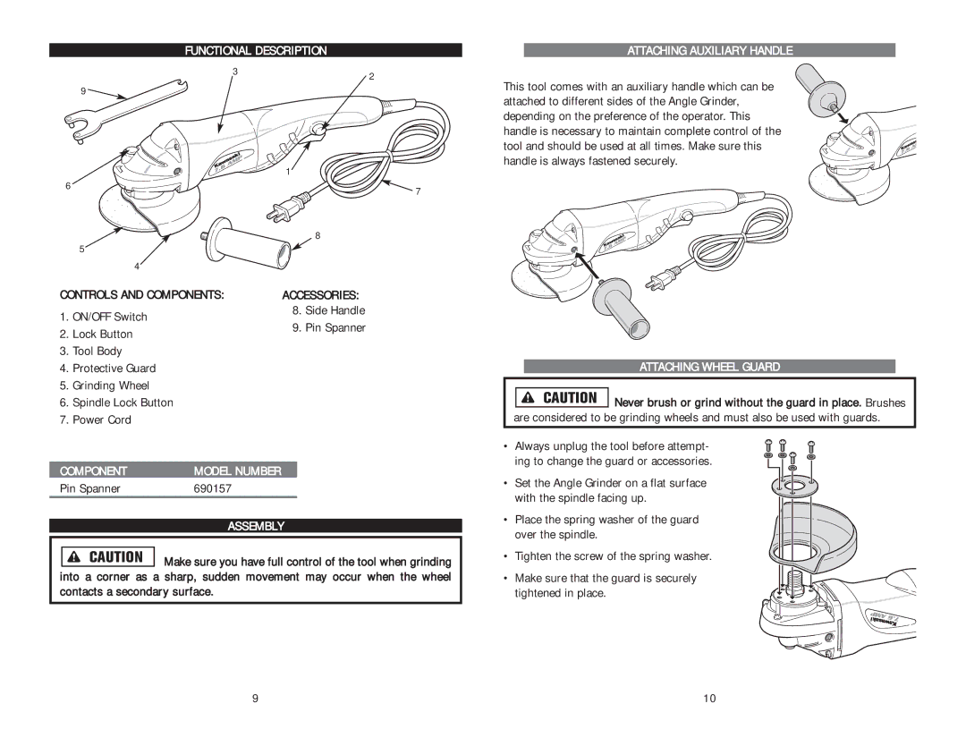 Kawasaki 840273 instruction manual Functional Description, Component Model Number, Assembly, Attaching Auxiliary Handle 