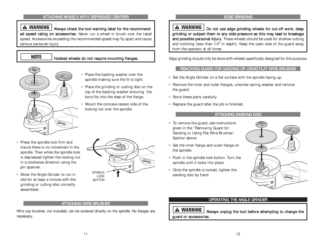 Kawasaki 840273 Attaching Wheels with Depressed Centers, Attaching Wire Brushes, Edge Grinding, Attaching Sanding Disc 