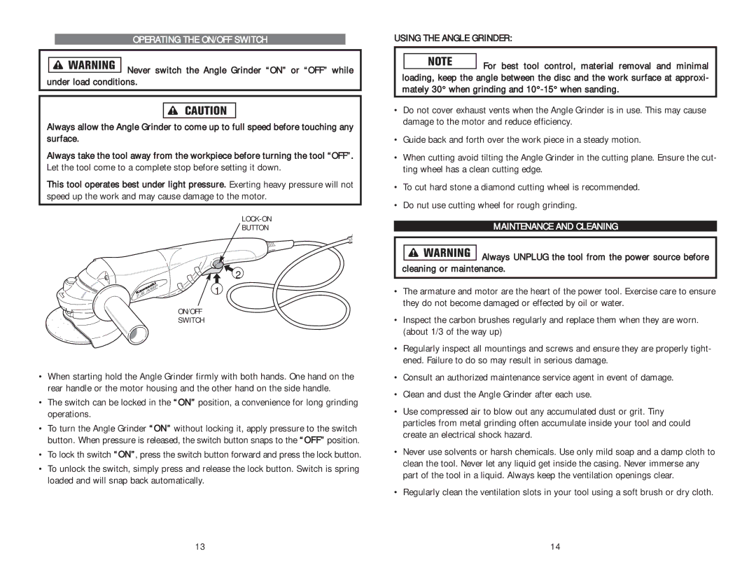 Kawasaki 840273 instruction manual Operating the ON/OFF Switch, Using the Angle Grinder, Maintenance and Cleaning 