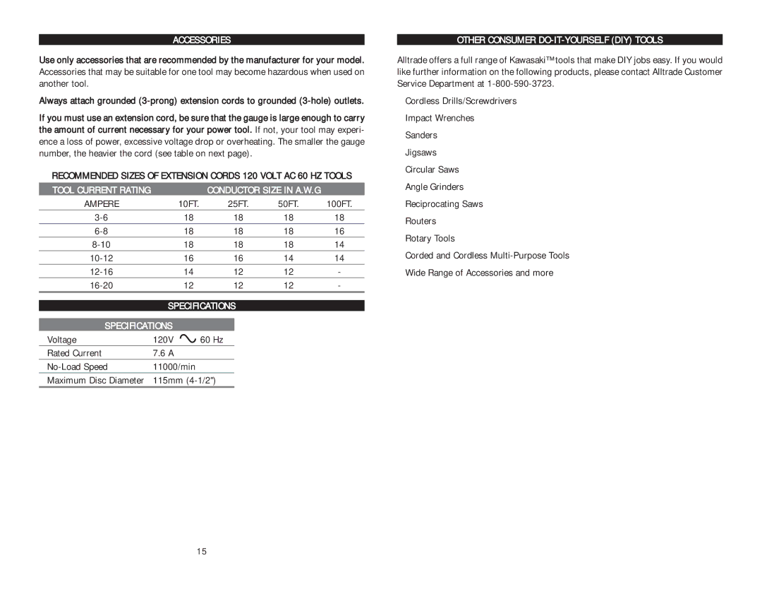 Kawasaki 840273 instruction manual Accessories, Ampere, Specifications, Other Consumer DO-IT-YOURSELF DIY Tools 