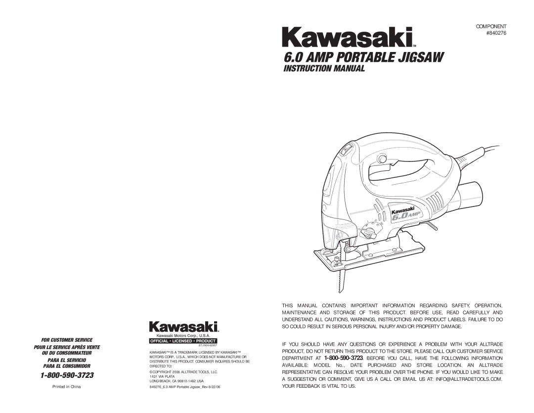 Kawasaki 840276 instruction manual AMP Portable Jigsaw 