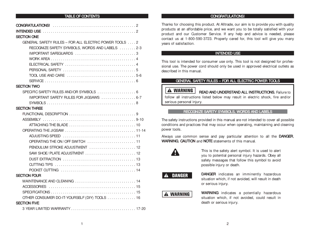 Kawasaki 840276 Table of Contents, Congratulations, Intended USE, General Safety Rules for ALL Electric Power Tools 