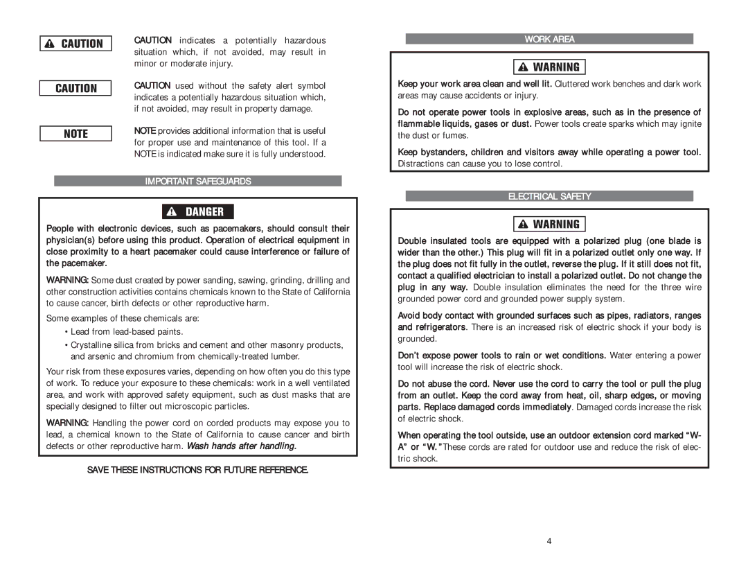 Kawasaki 840276 instruction manual Important Safeguards, Work Area, Electrical Safety 