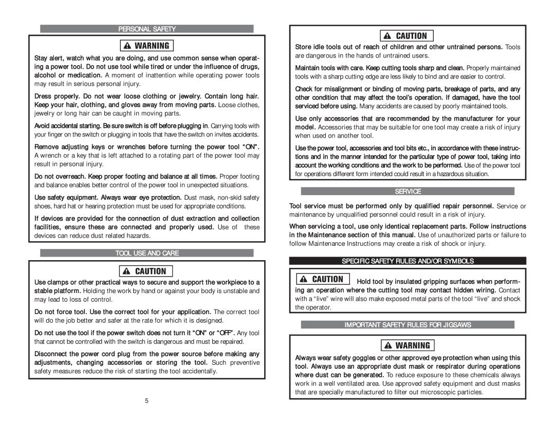 Kawasaki 840276 instruction manual Personal Safety, Tool USE and Care, Service, Specific Safety Rules AND/OR Symbols 