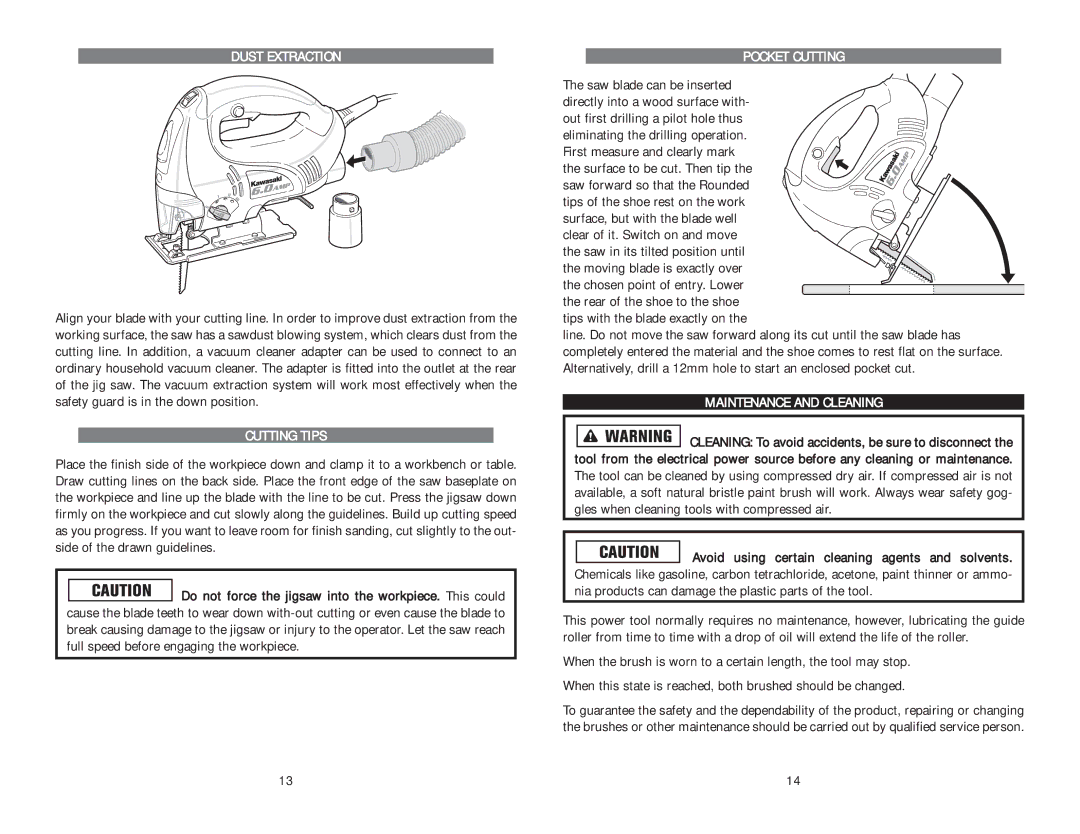 Kawasaki 840276 Dust Extraction, Cutting Tips, Pocket Cutting, Tips with the blade exactly on, Maintenance and Cleaning 