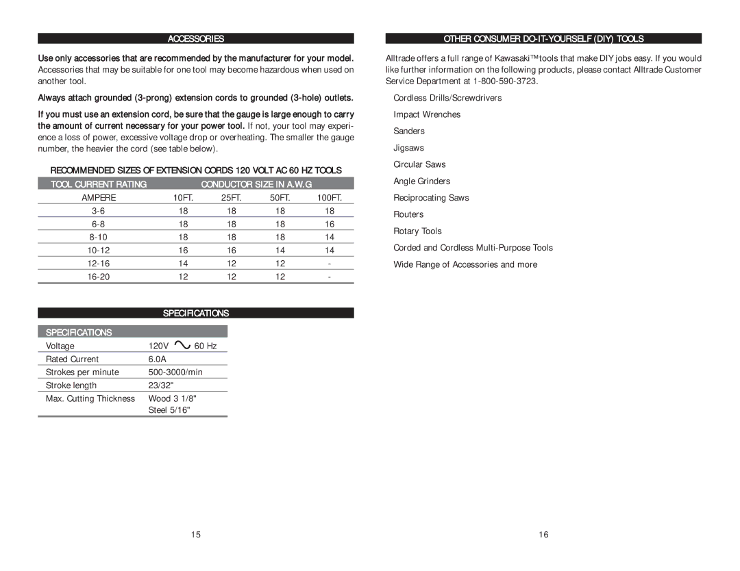 Kawasaki 840276 instruction manual Accessories, Specifications, Wood 3 1/8, Other Consumer DO-IT-YOURSELF DIY Tools 
