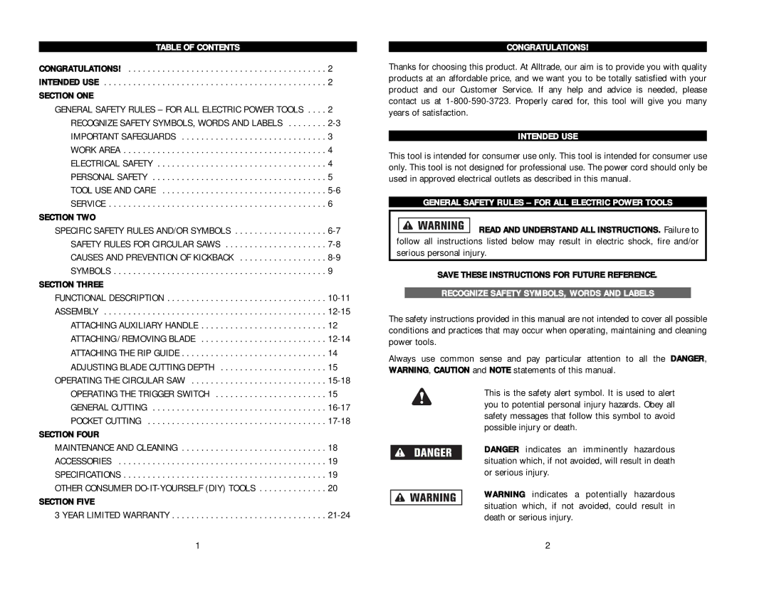 Kawasaki 840328 Table of Contents, Congratulations, Intended USE, General Safety Rules for ALL Electric Power Tools 