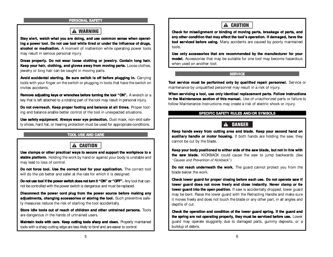 Kawasaki 840328 instruction manual Personal Safety, Tool USE and Care, Service, Specific Safety Rules AND/OR Symbols 