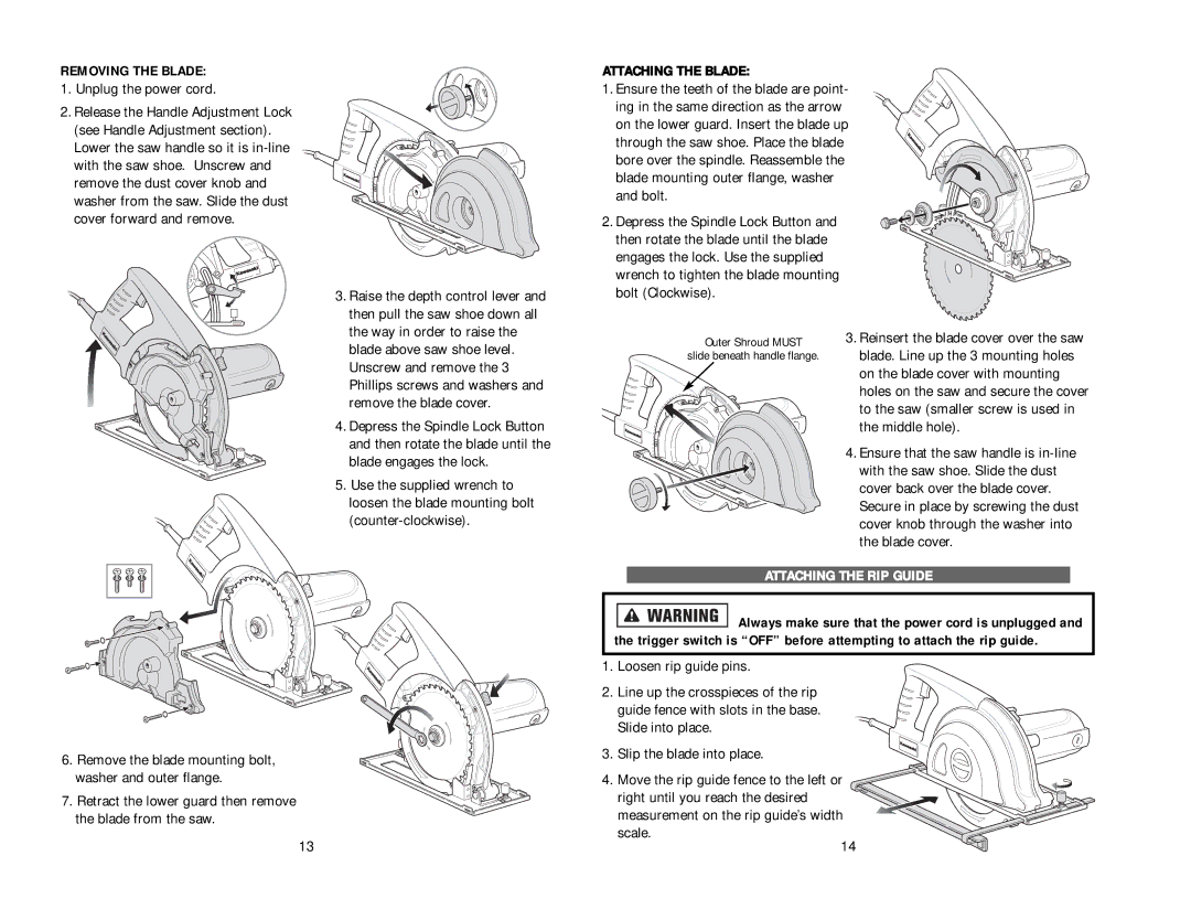 Kawasaki 840328 instruction manual Removing the Blade, Attaching the Blade, Attaching the RIP Guide 