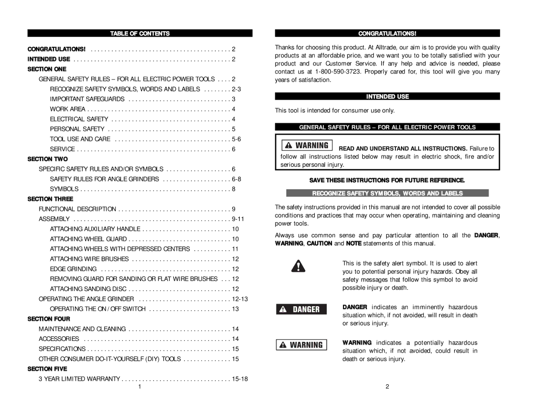 Kawasaki 840329 Table of Contents, Congratulations, Intended USE, General Safety Rules for ALL Electric Power Tools 