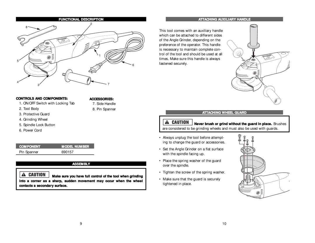 Kawasaki 840329 Functional Description Attaching Auxiliary Handle, Attaching Wheel Guard, Component Model Number, Assembly 