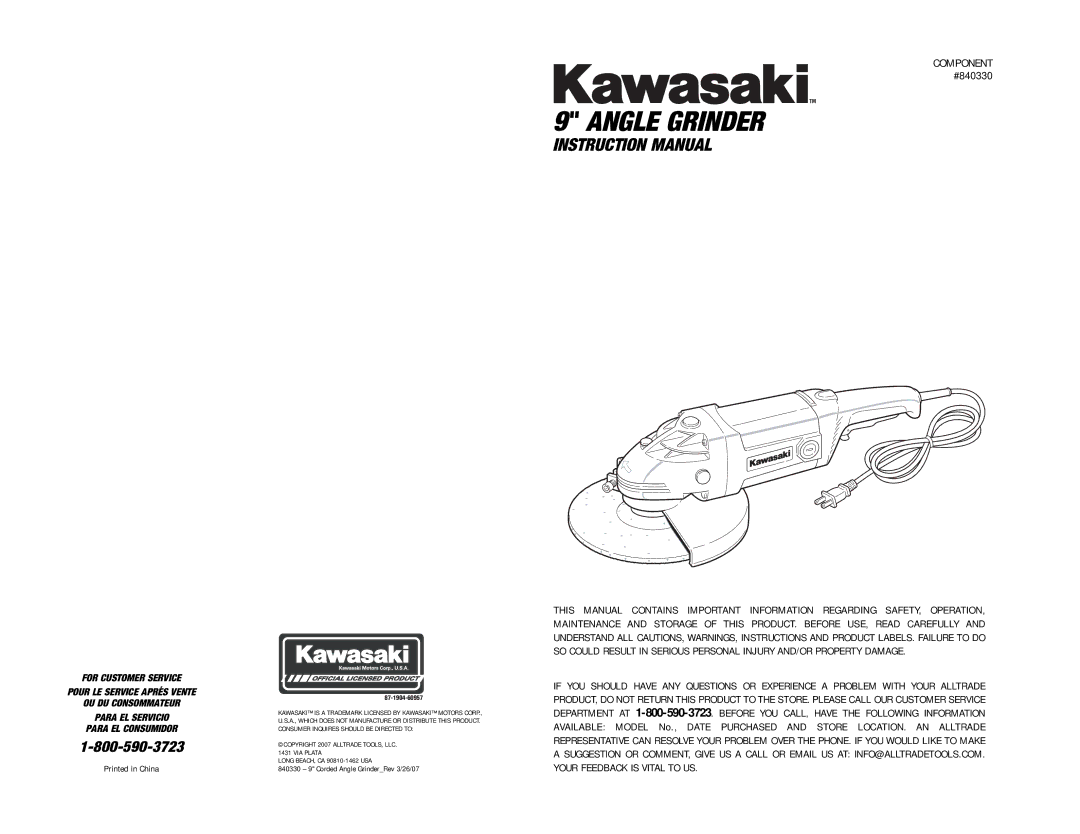 Kawasaki 840330 instruction manual Angle Grinder 