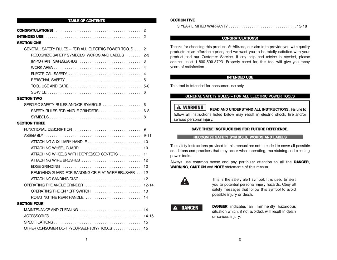 Kawasaki 840330 Table of Contents, Congratulations, Intended USE, General Safety Rules for ALL Electric Power Tools 