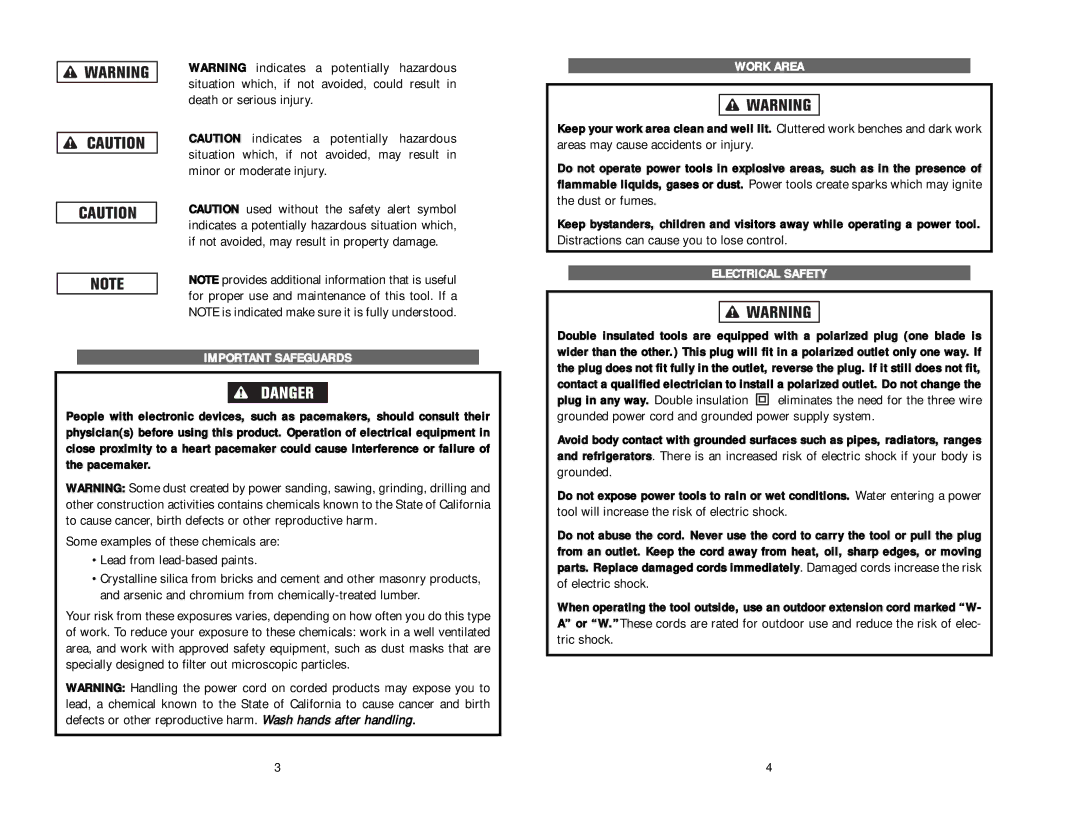 Kawasaki 840330 instruction manual Important Safeguards, Work Area, Electrical Safety 