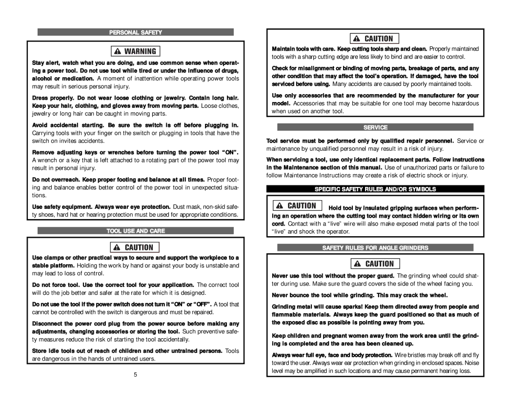 Kawasaki 840330 instruction manual Personal Safety, Tool USE and Care, Service, Specific Safety Rules AND/OR Symbols 