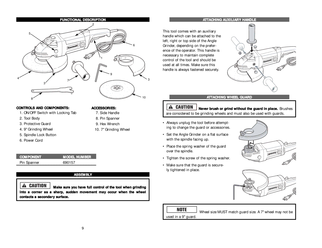 Kawasaki 840330 Functional Description Attaching Auxiliary Handle, Attaching Wheel Guard, Component Model Number, Assembly 