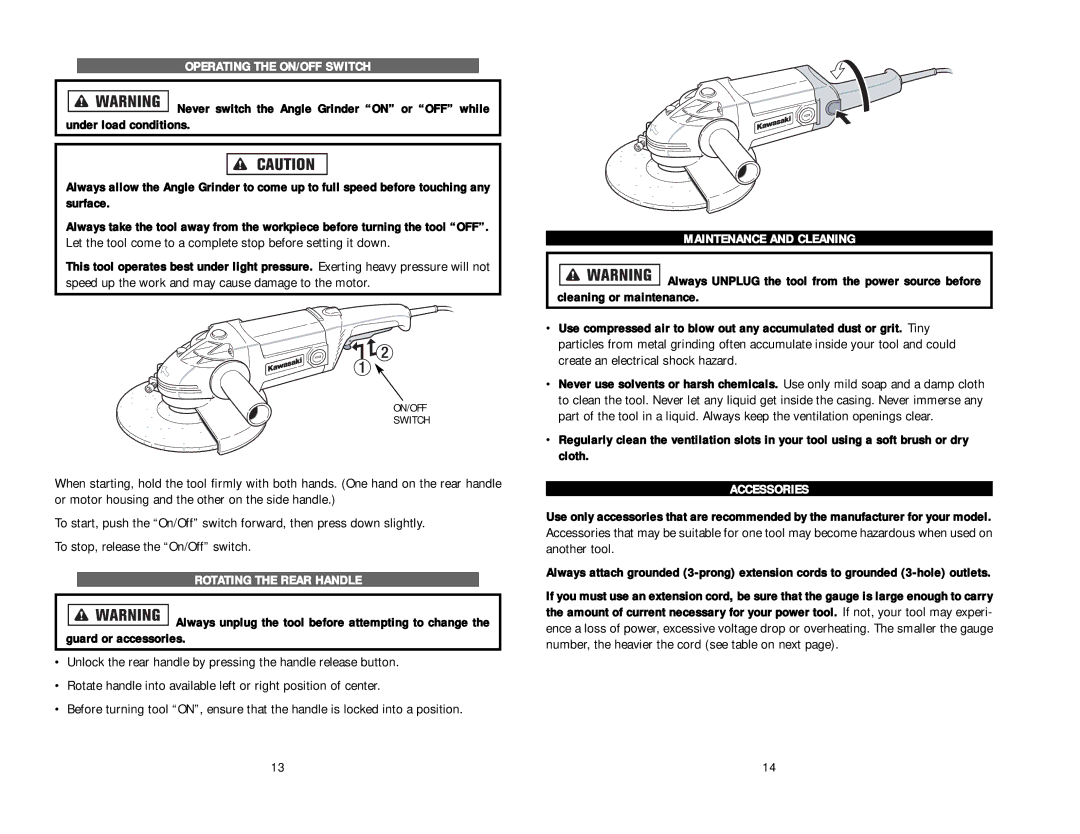 Kawasaki 840330 Operating the ON/OFF Switch, Let the tool come to a complete stop before setting it down, Accessories 