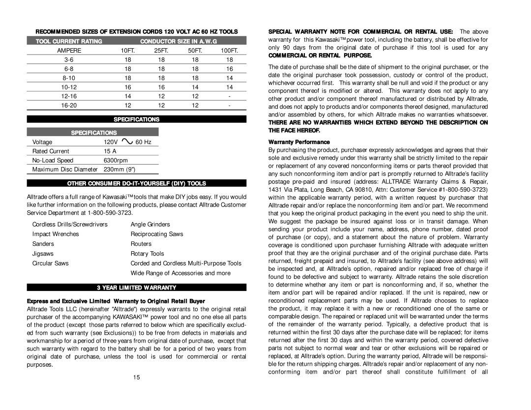 Kawasaki 840330 Tool Current Rating, Specifications, Other Consumer DO-IT-YOURSELF DIY Tools, Year Limited Warranty 