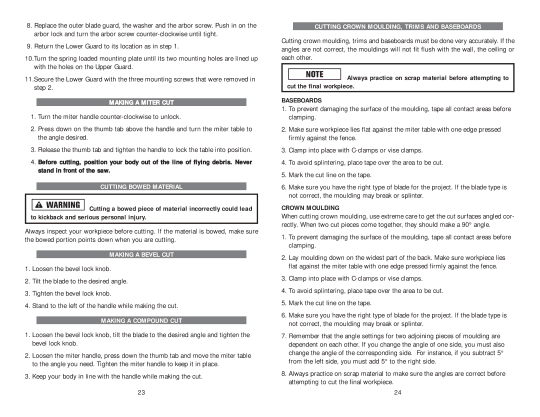 Kawasaki 840378 instruction manual Making a Miter CUT, Cutting Bowed Material, Making a Bevel CUT, Making a Compound CUT 