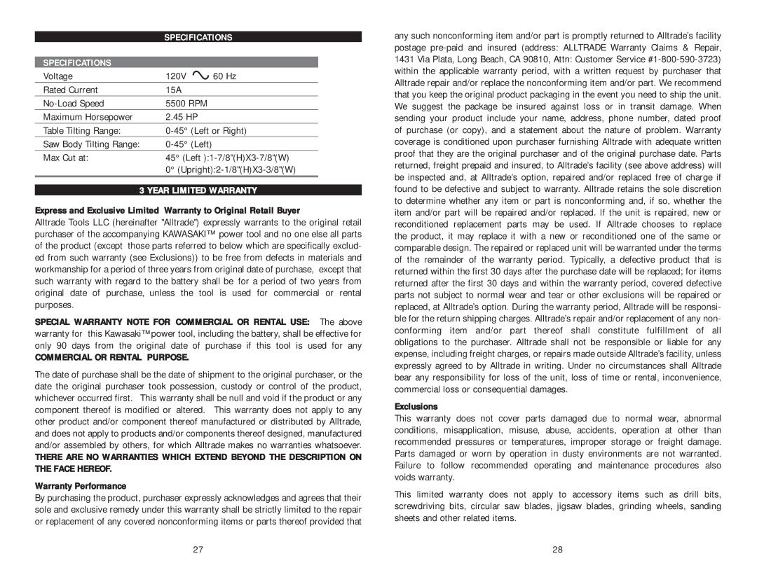 Kawasaki 840378 instruction manual Specifications, Year Limited Warranty, Commercial or Rental Purpose 