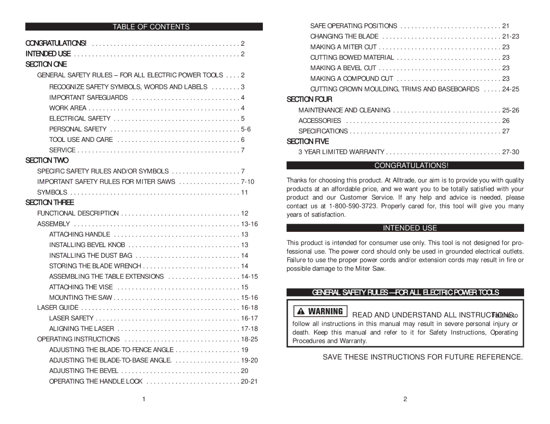 Kawasaki 840378 Table of Contents, Congratulations, Intended USE, General Safety Rules for ALL Electric Power Tools 