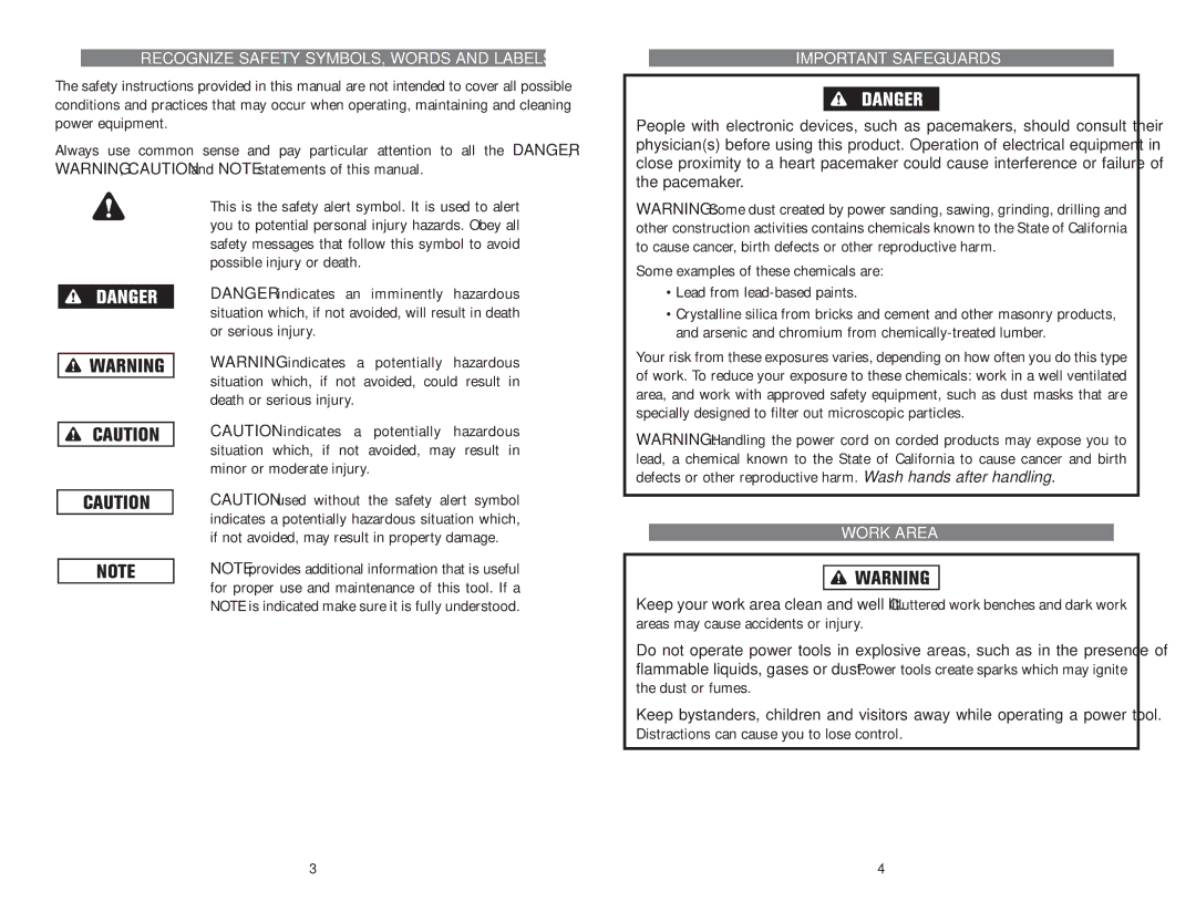 Kawasaki 840378 instruction manual Recognize Safety SYMBOLS, Words and Labels, Important Safeguards, Work Area 