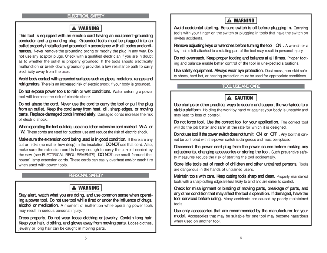 Kawasaki 840378 instruction manual Electrical Safety, Personal Safety, Tool USE and Care 