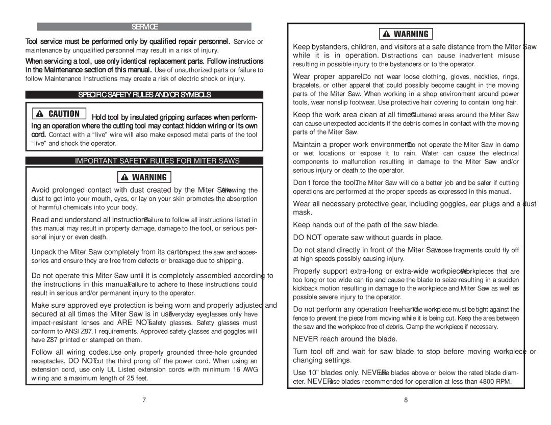 Kawasaki 840378 instruction manual Service, Specific Safety Rules AND/OR Symbols, Important Safety Rules for Miter Saws 