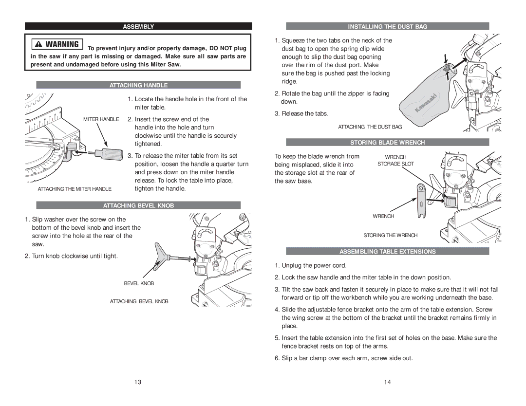 Kawasaki 840378 Assembly, Attaching Handle, Attaching Bevel Knob, Installing the Dust BAG, Storing Blade Wrench 