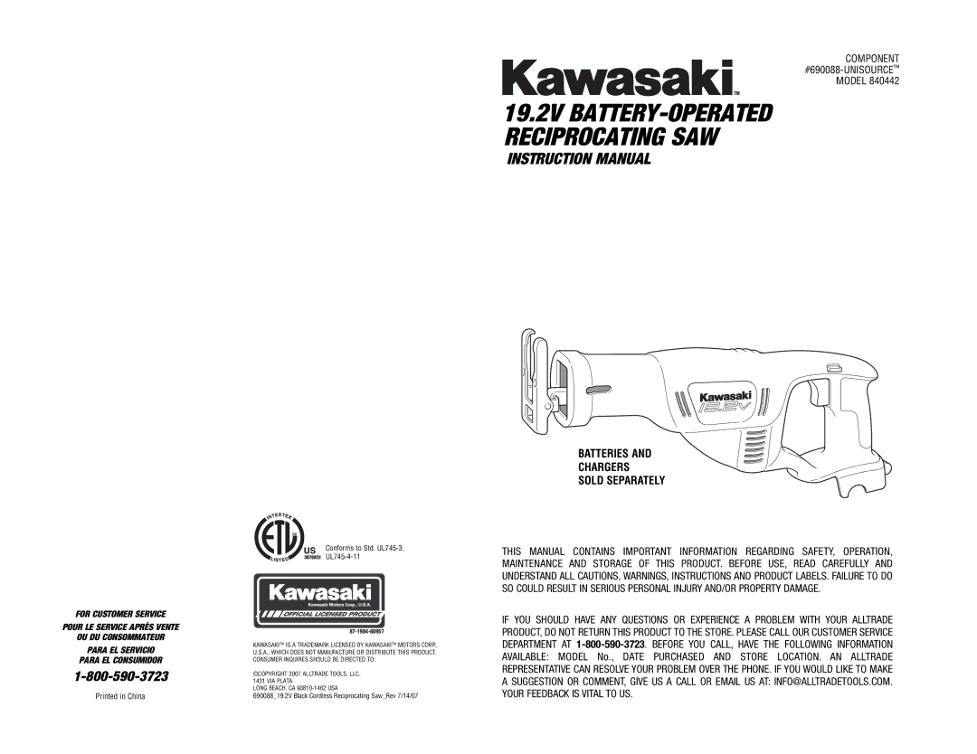 Kawasaki 840442 instruction manual 19.2V BATTERY-OPERATED Reciprocating SAW 