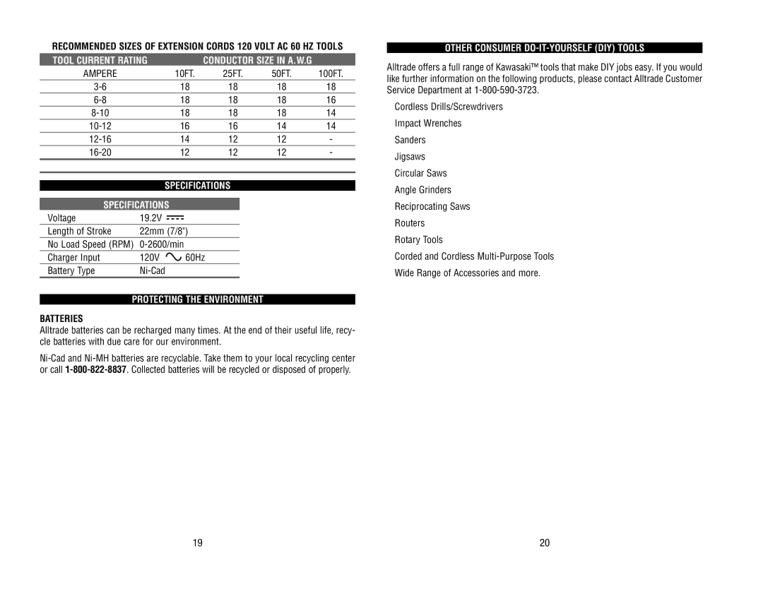 Kawasaki 840442 instruction manual Tool Current Rating, Specifications, Protecting the Environment, Batteries 