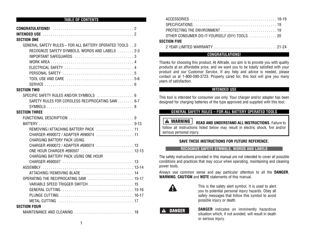 Kawasaki 840442 Table of Contents, Congratulations, Intended USE, General Safety Rules for ALL Battery Operated Tools 