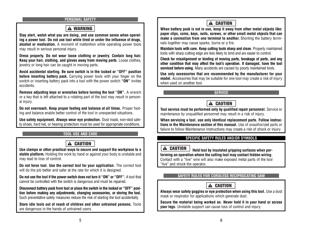 Kawasaki 840442 instruction manual Personal Safety, Tool USE and Care, Service, Specific Safety Rules AND/OR Symbols 