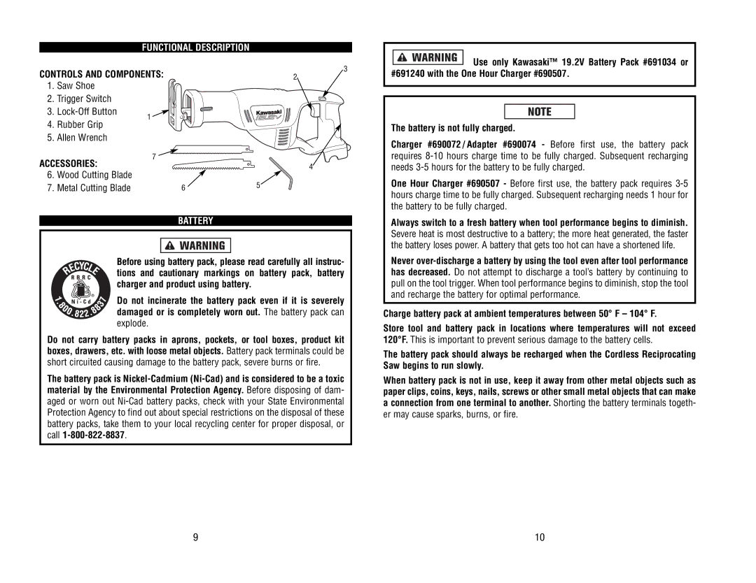 Kawasaki 840442 instruction manual Functional Description, Accessories, Battery 