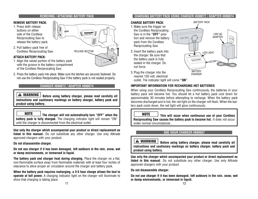 Kawasaki 840442 instruction manual Remove Battery Pack, Attach Battery Pack, Charge Battery Pack, ONE Hour Charger #690507 