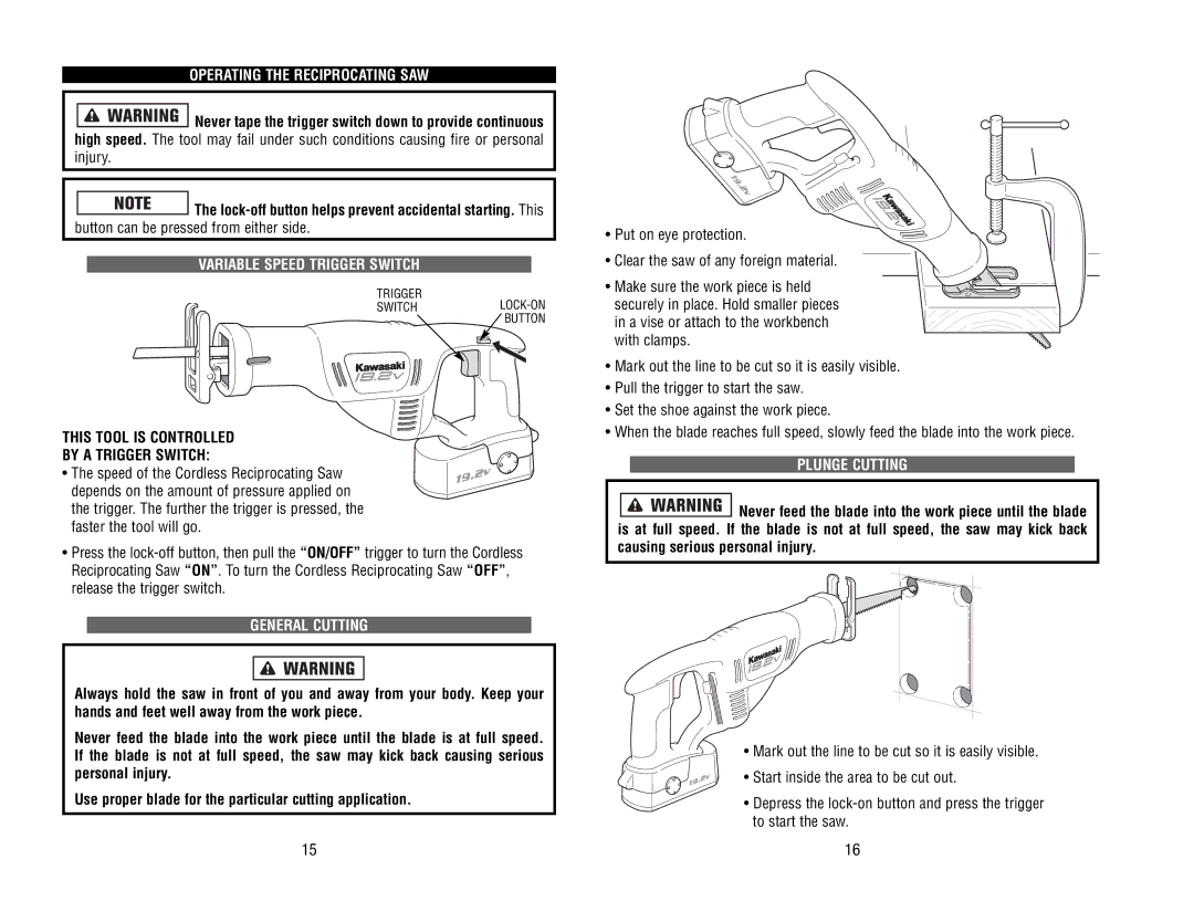 Kawasaki 840442 Operating the Reciprocating SAW, Variable Speed Trigger Switch, General Cutting, Plunge Cutting 