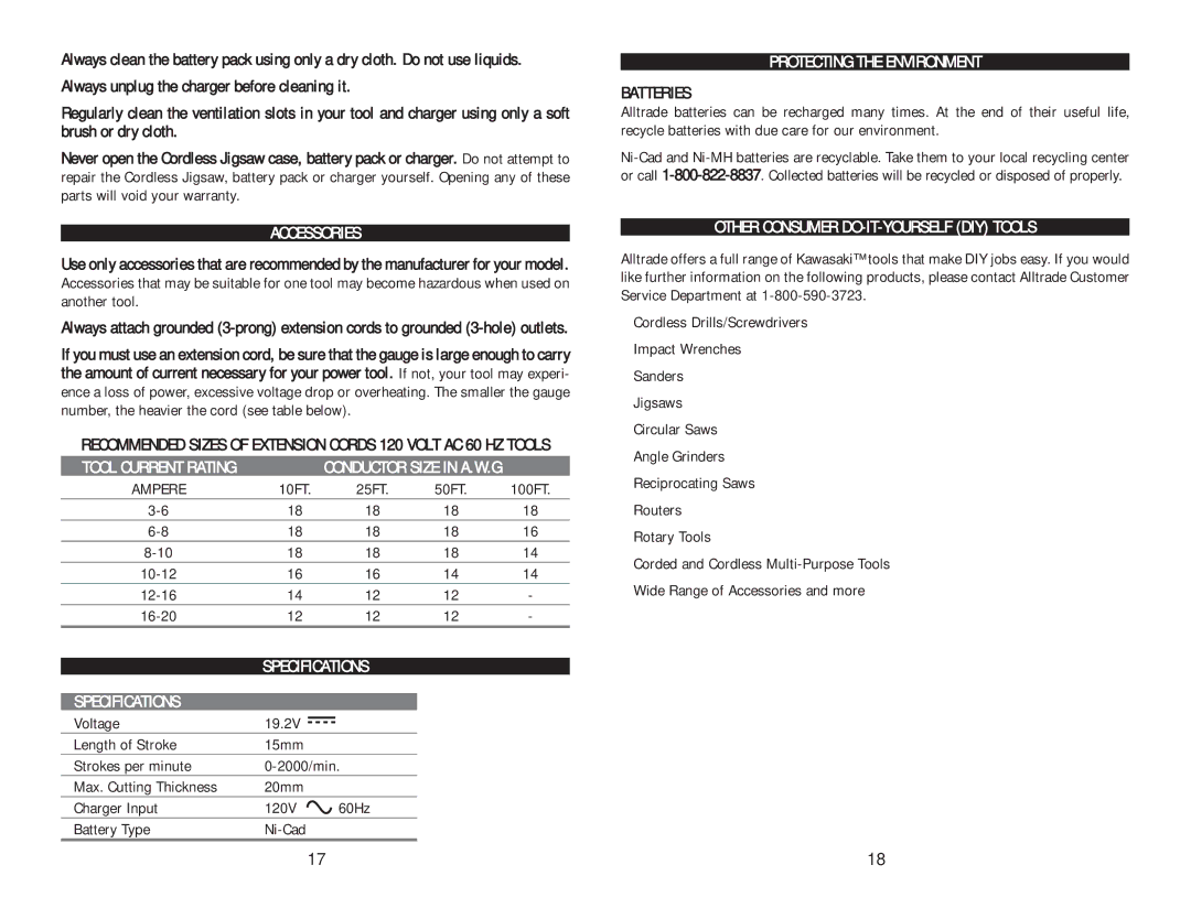 Kawasaki 840443 instruction manual Accessories, Specifications, Protecting the Environment, Batteries 